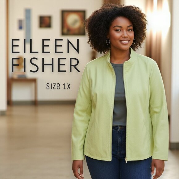 Eileen Fisher Woman Quilted Minimalist Pastel Green Cotton Blend Zip Jacket 1X - Picture 1 of 14
